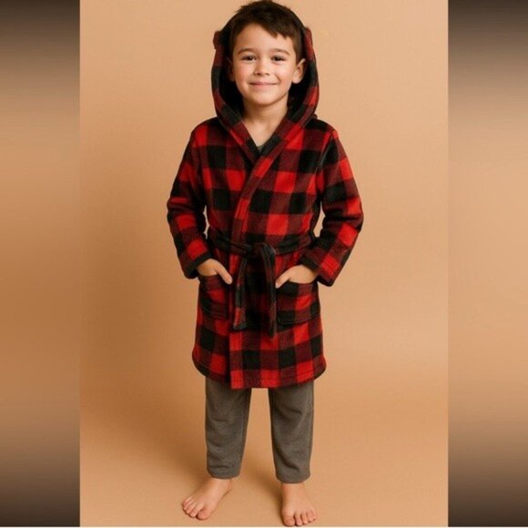 Kids Hooded Robe Red Black Buffalo Plaid Fleece Size M 8/10 Unisex Warm Soft - Picture 1 of 12
